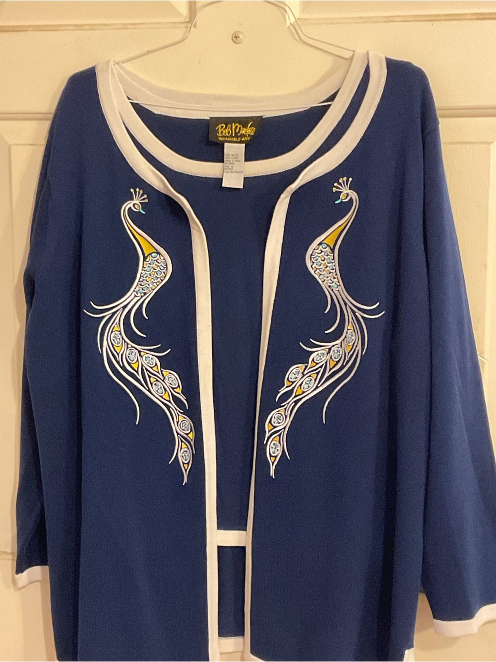 Bob Mackie Navy Blue Embroidered Peacock Cardigan WEARABLE ART w/Blouse